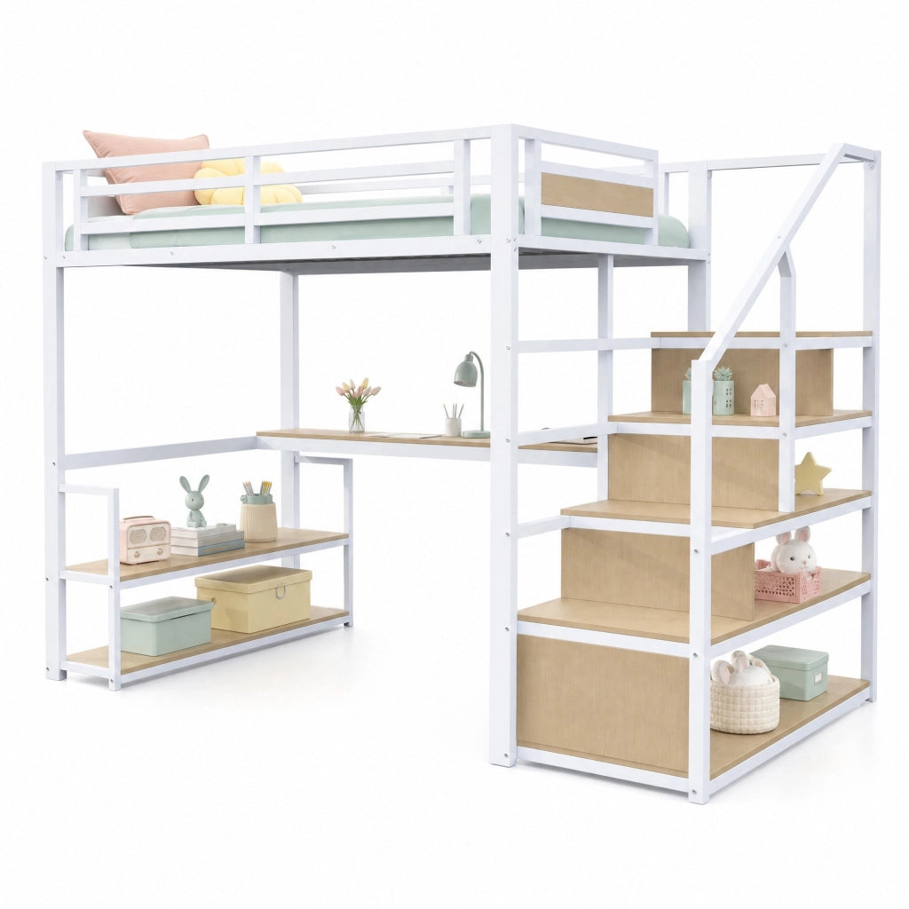 Letto a soppalco in metallo 140x200 cm con scrivania, scaffali e scala contenitore, bianco