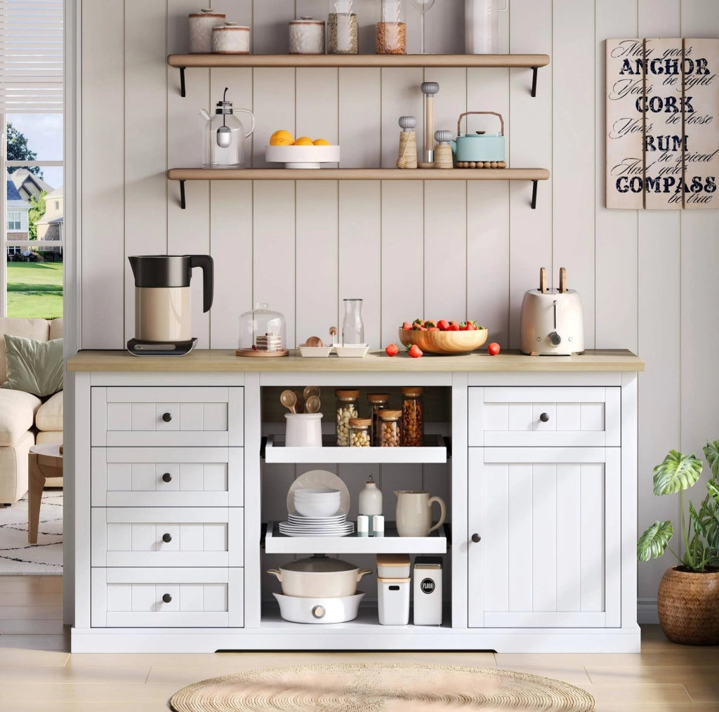 Mobile da cucina 150x65x75;5 cm con 5 cassetti; piano ribaltabile e prese USB; bianco