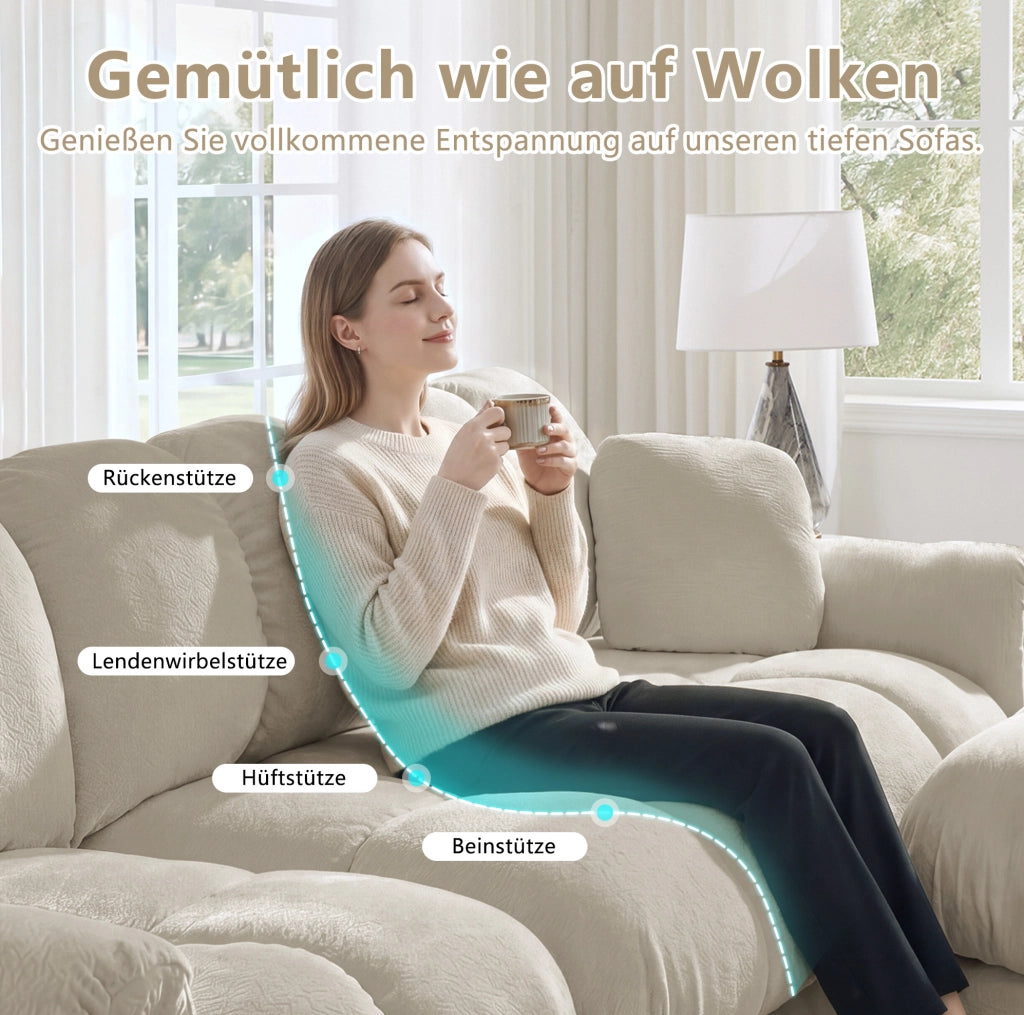 Divano angolare modulare 4 posti in tessuto chenille colore kaki chiaro, con pouf mobile e design ergonomico