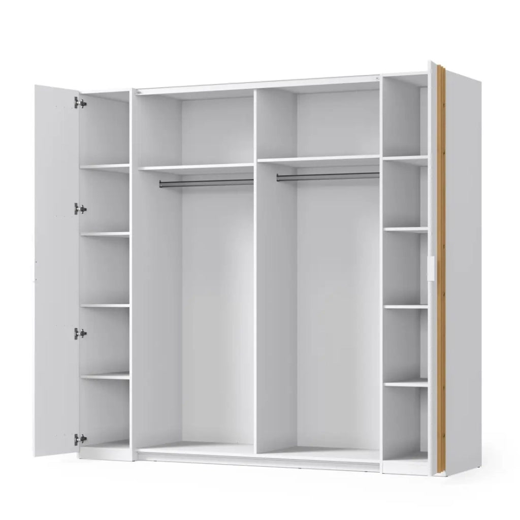 Armadio FLORENCE – Bianco e quercia – 2 porte scorrevoli + 2 a battente – L218 cm – 10 ripiani