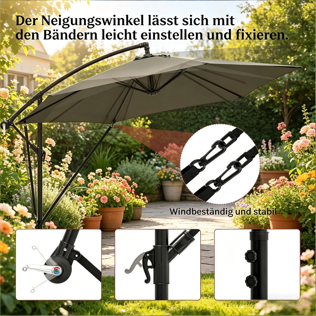 Ombrellone da giardino a sbalzo con manovella e inclinazione in metallo e poliestere grigio scuro 310 × 310 cm
