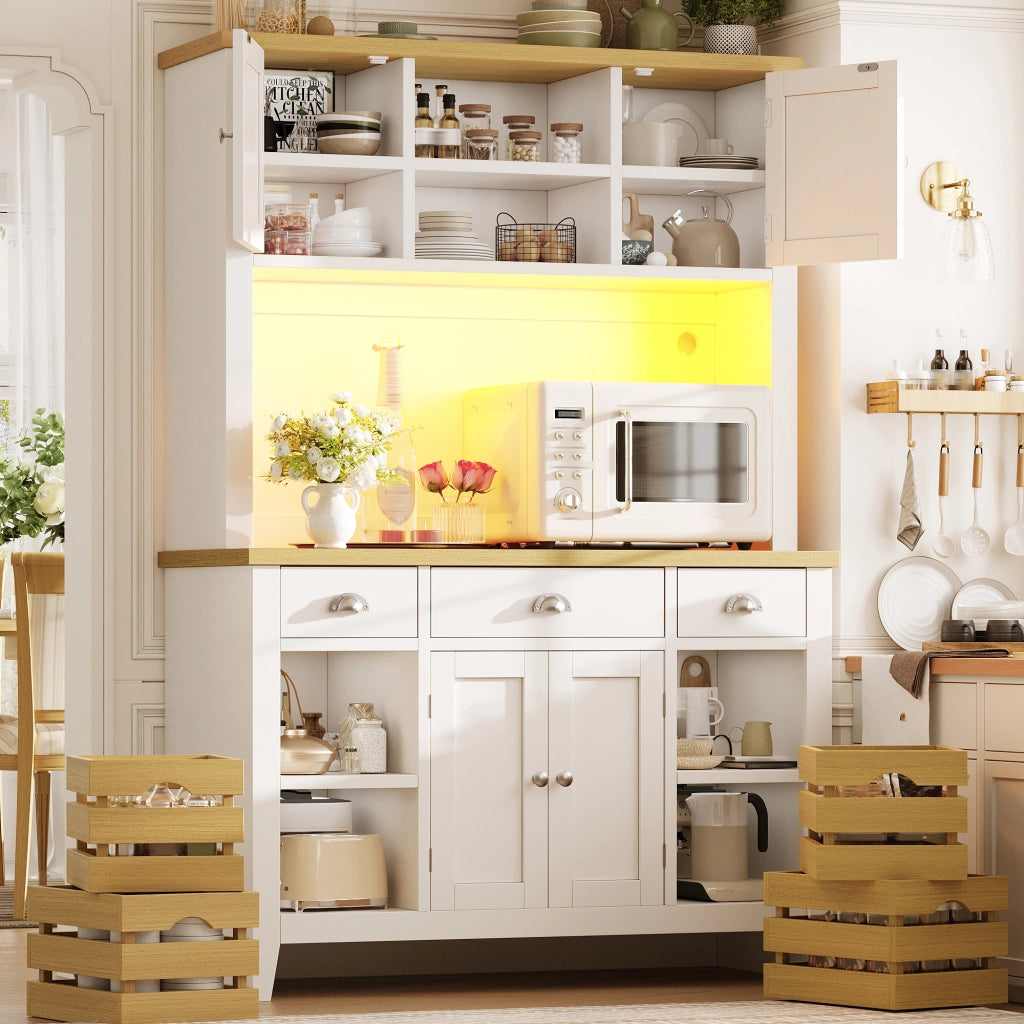 Credenza da cucina alta con ripiani regolabili e 4 cestelli, LED multicolore, in MDF bianco, 120 × 40 × 188 cm
