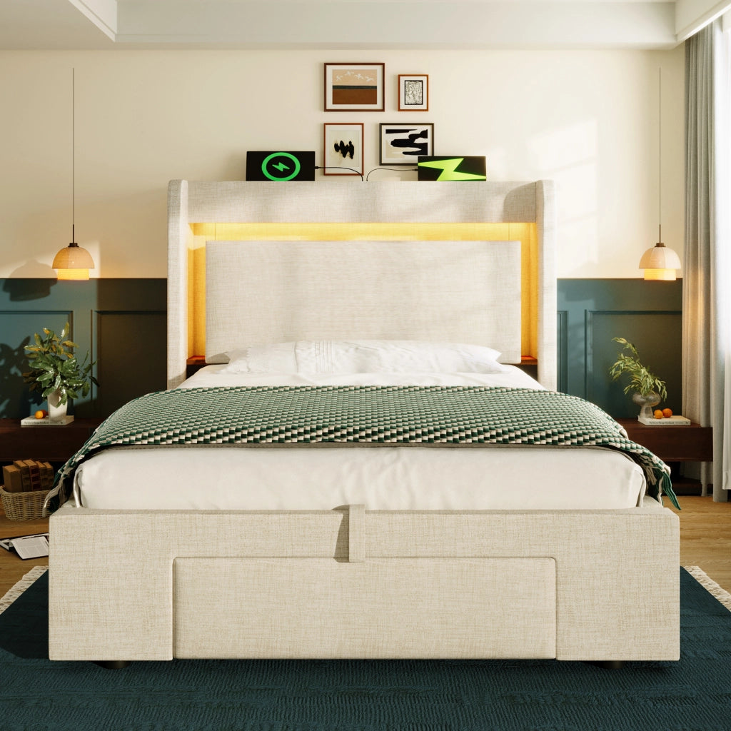 Letto imbottito 90x200 cm con contenitore, LED, USB e USB-C, beige