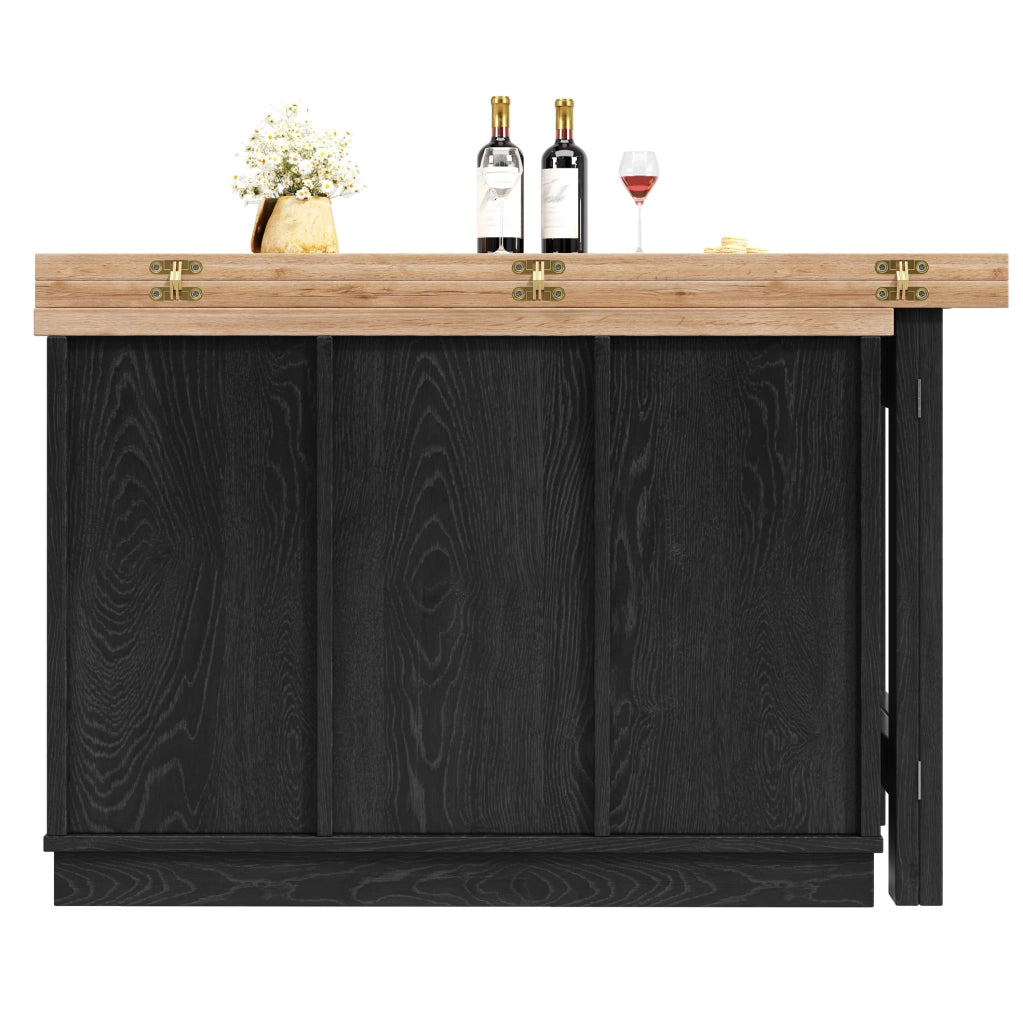 Isola cucina e mobile laterale girevole 360° 120-197cm con ante patchwork, ripiano portabottiglie estraibile e cassetti, rovere chiaro/nero
