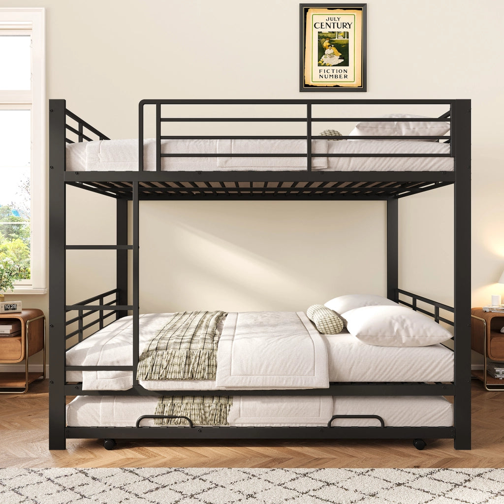 Letto a castello 140×200 cm 3 posti con letto estraibile e barriere di sicurezza, senza materasso, in metallo, nero