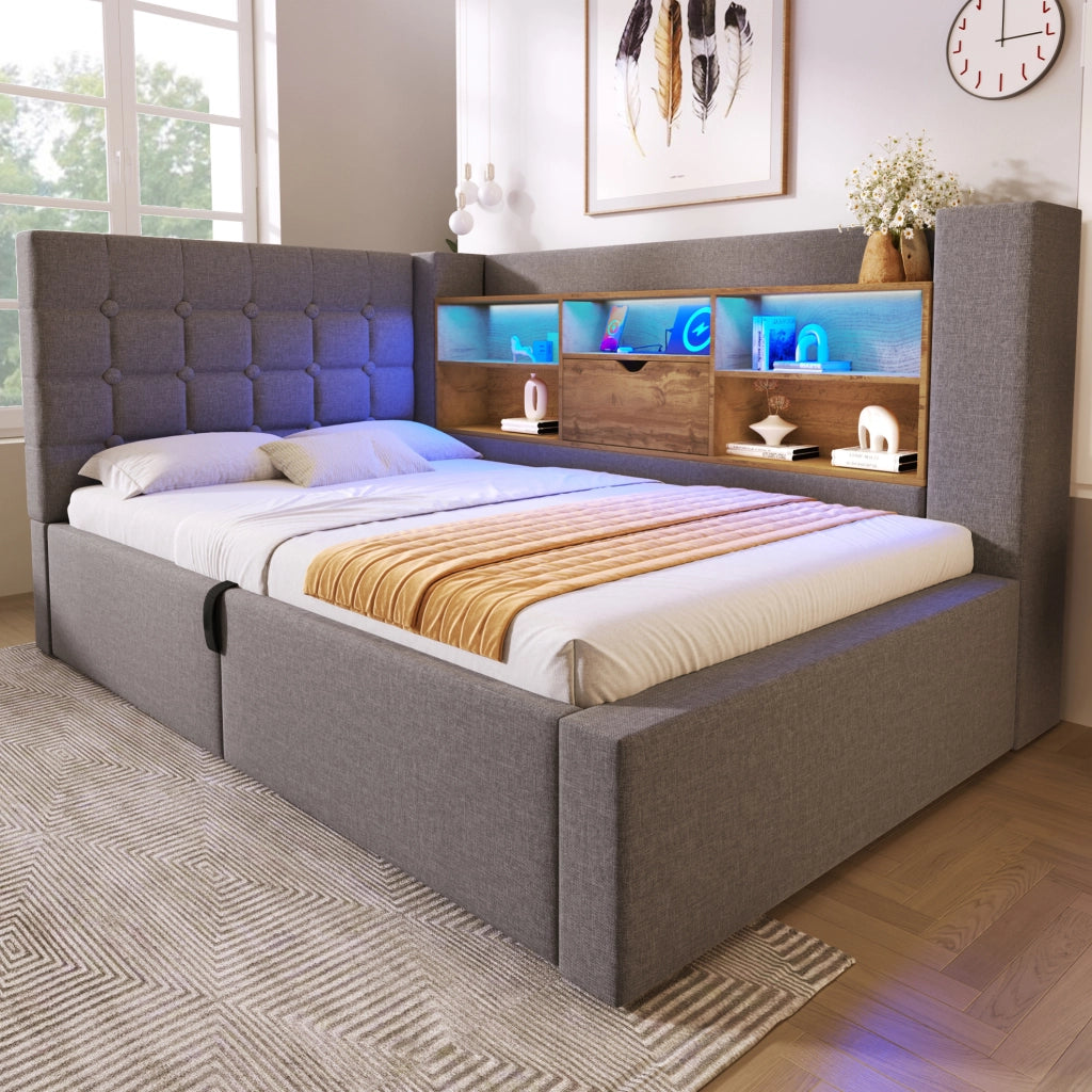 Letto singolo imbottito 90x200 cm con spazio contenitivo, illuminazione LED e materasso H3 a 7 zone