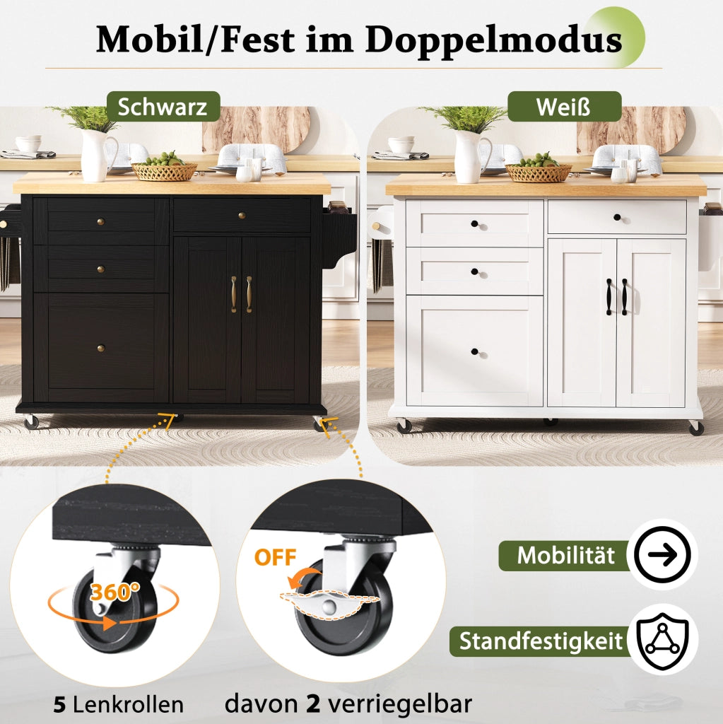 Isola cucina mobile con piano estraibile 107x45-70x90;5 cm in MDF nero e naturale