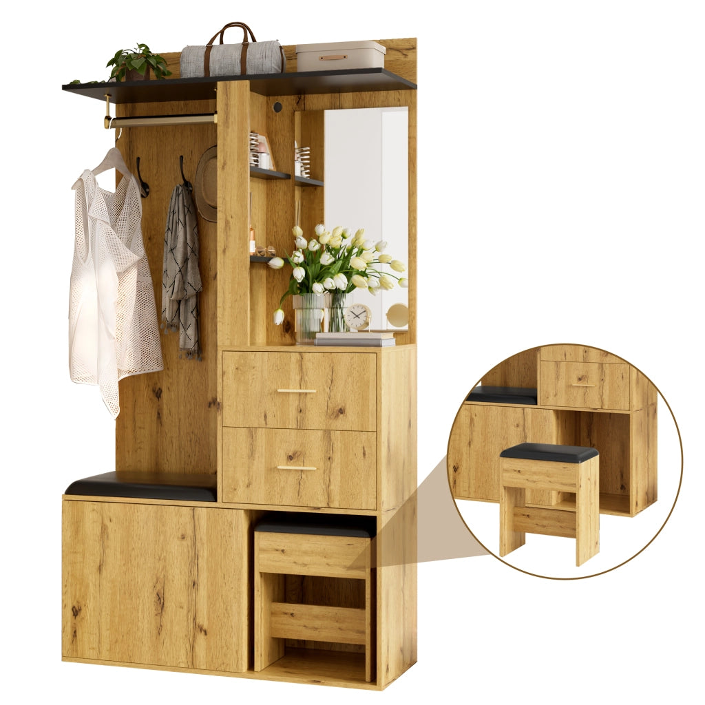Mobile da ingresso con specchio, LED, 2 cassetti, seduta e scarpiera con ripiani regolabili, MDF naturale, 100 × 40 × 172.5 cm
