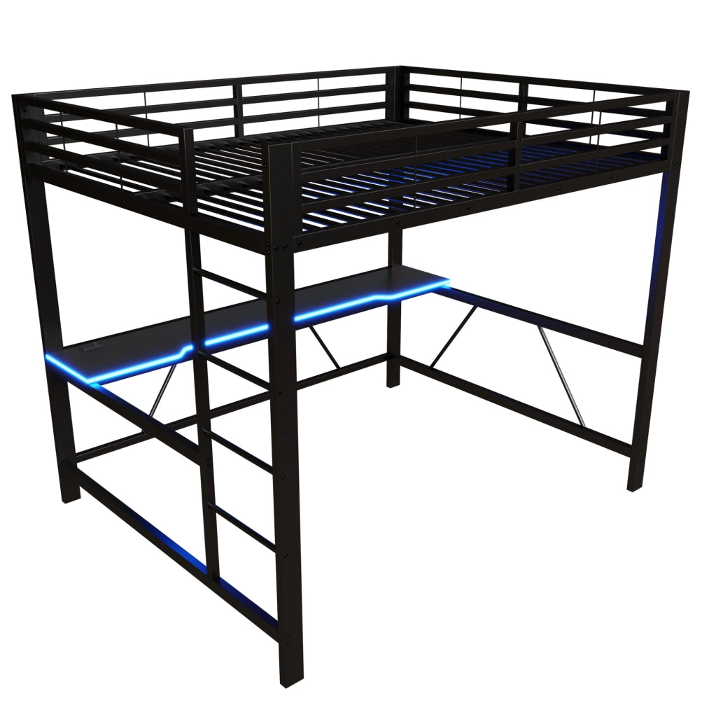 Letto a soppalco 160x200 cm con scrivania e LED in metallo e MDF nero