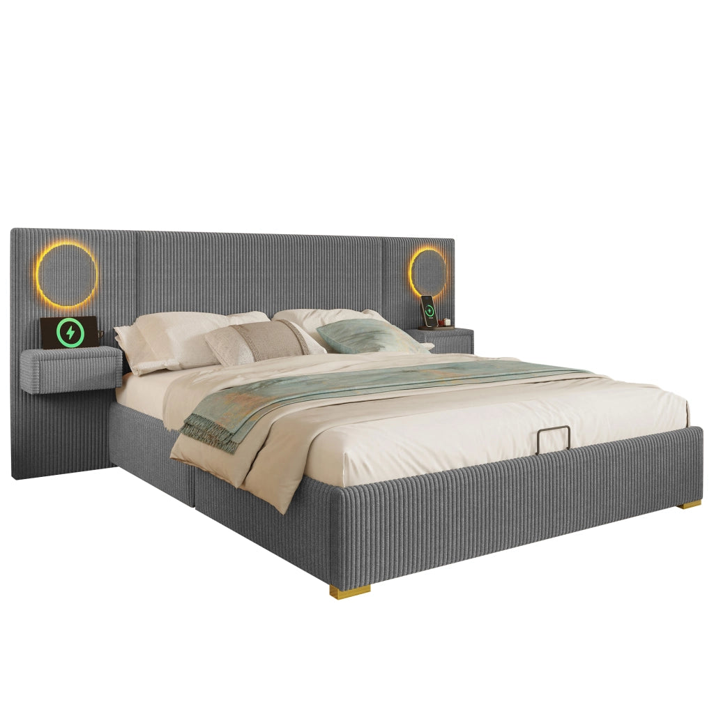Letto matrimoniale imbottito 180x200 cm in velluto grigio con LED; USB e vano contenitore