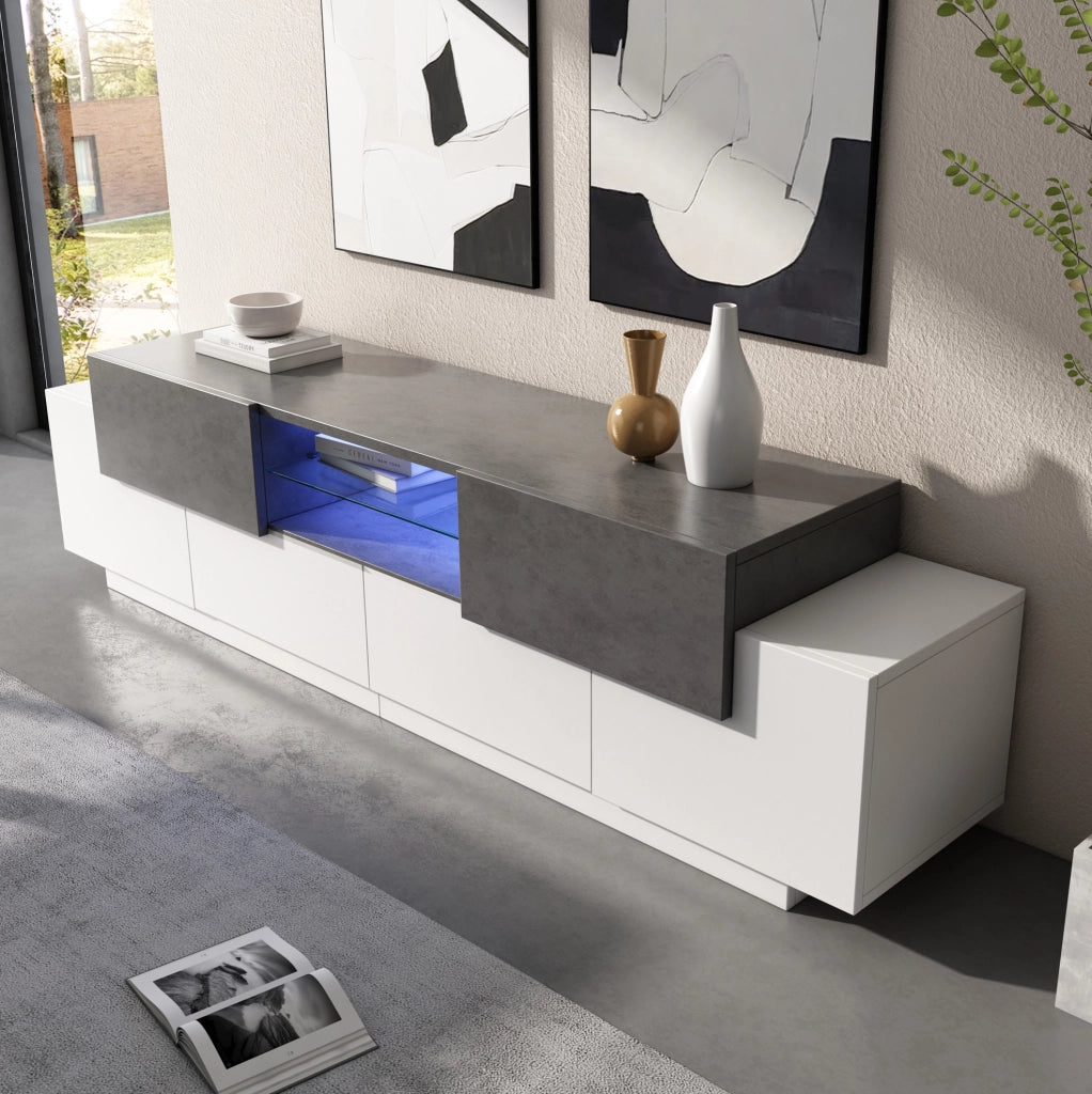 Mobile TV 180x40x45 cm bianco e grigio con LED e vani, senza materasso