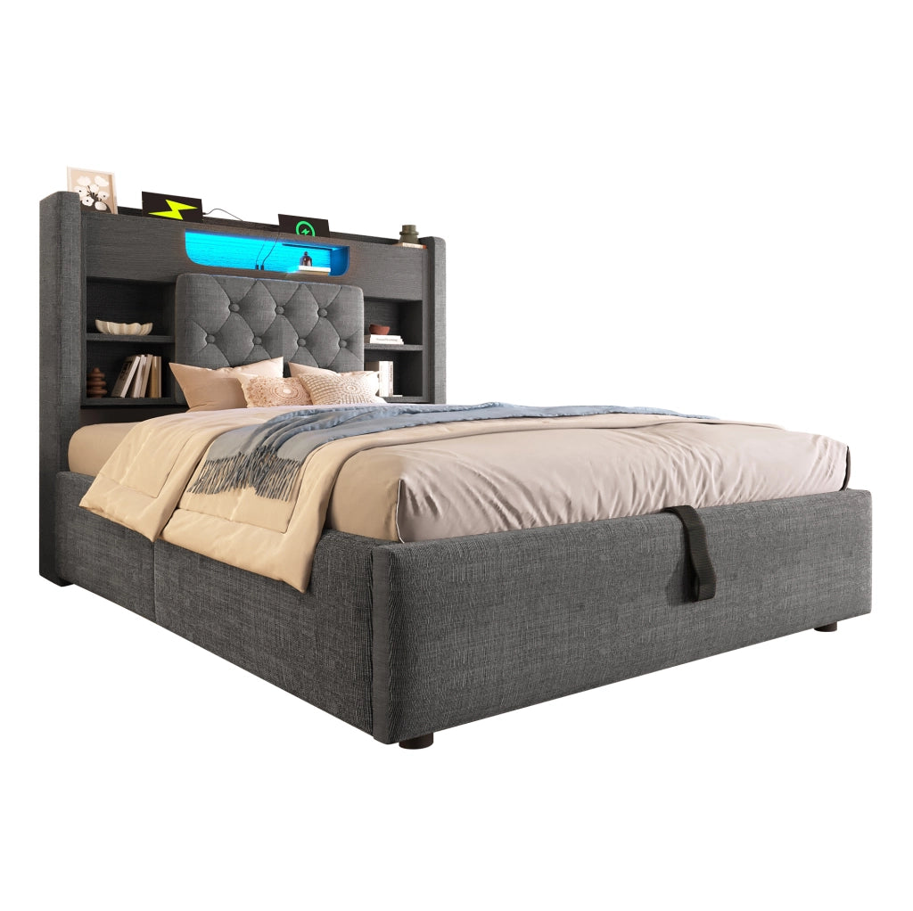 Letto 90x200 cm con contenitore idraulico, LED e porte USB, in lino grigio