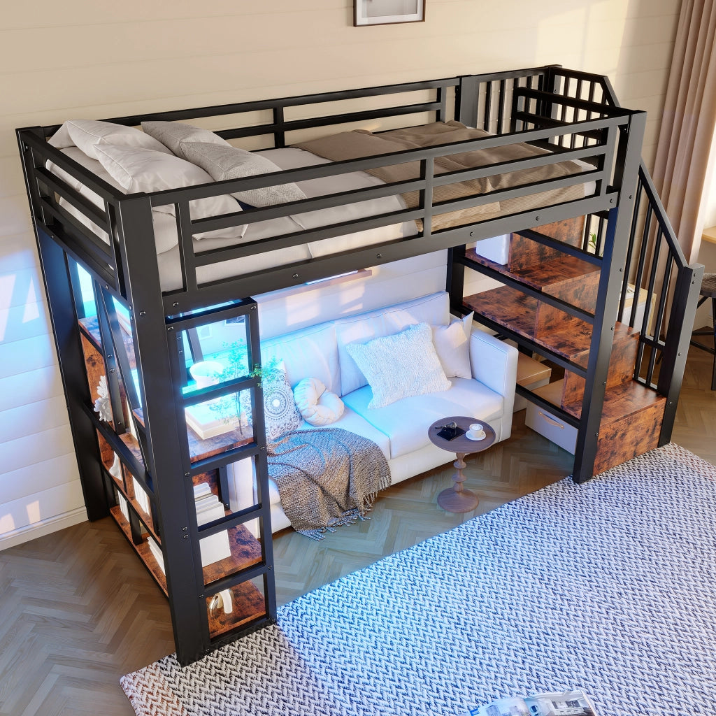 Letto a soppalco per bambini 90x200 cm con LED; ripiani e gradini contenitore; metallo e MDF nero