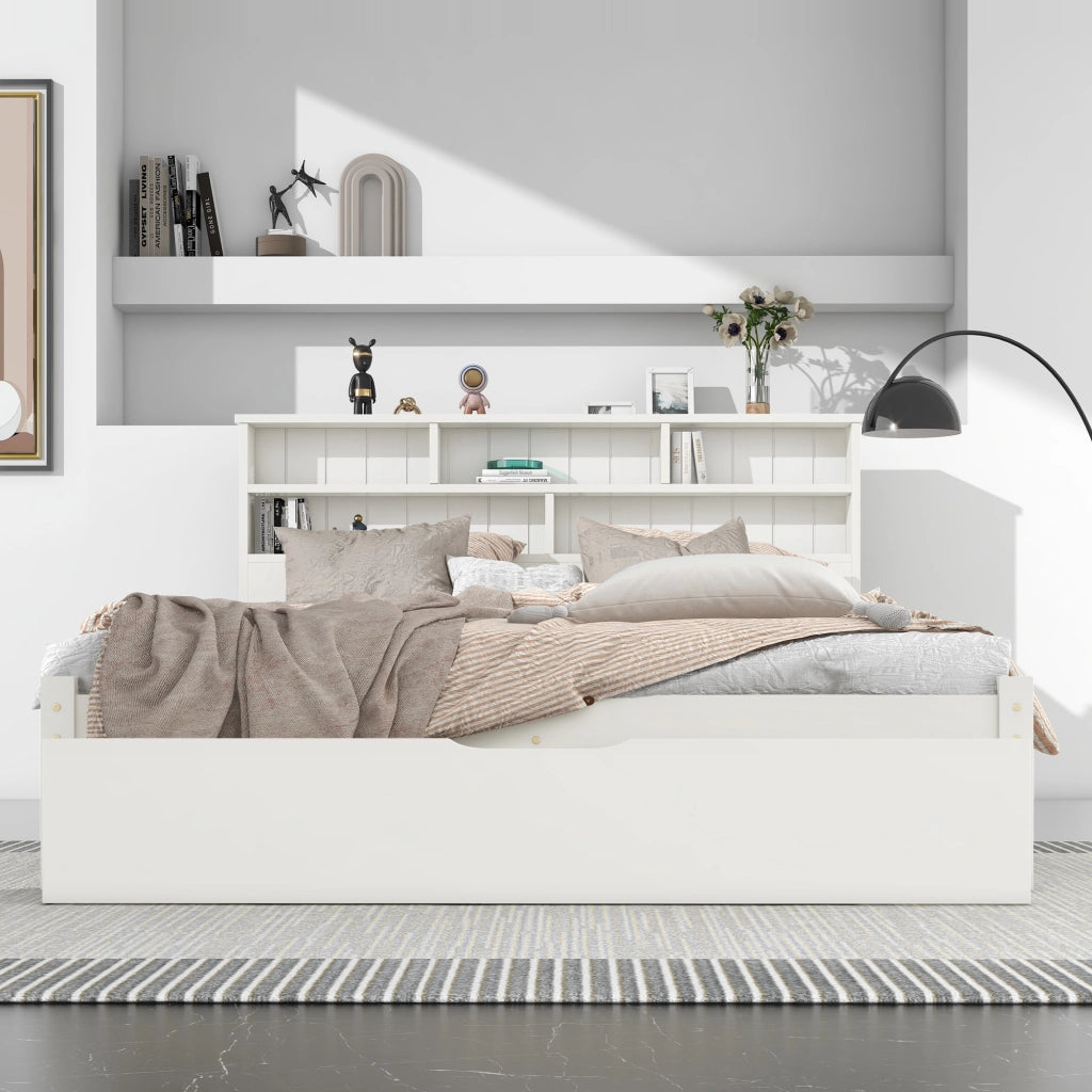 Letto matrimoniale 140x200 cm in legno massello bianco con cassetti e testiera libreria