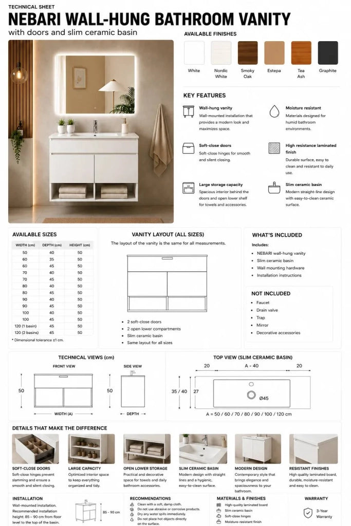 Mobile bagno sospeso con lavabo ORIGENBATH NEBARI con ante con colonna 60x45 cm frassino tea con colonna