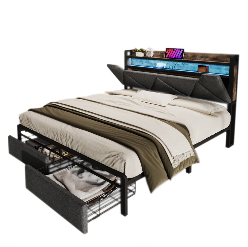 Letto matrimoniale 160x200 cm grigio con LED, contenitore e materasso