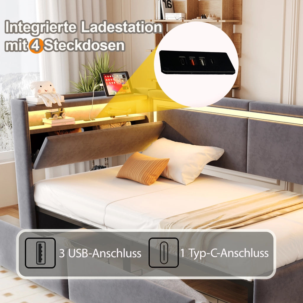 Divano letto imbottito 90×200 cm in velluto grigio scuro con testiera contenitore apribile, luci LED e porta USB, senza materasso