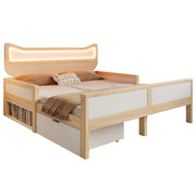 Letto per bambini 140×200 cm 1 posto con LED; cassetto e vano contenitore; senza materasso; bianco e rovere
