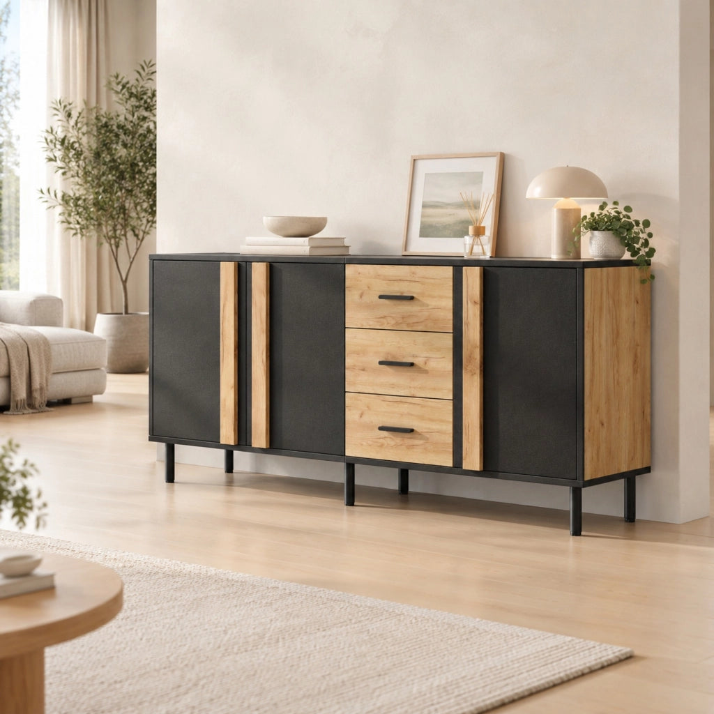 Credenza e madia con 3 ante e 3 cassetti, 6 gambe in metallo, per soggiorno, in MDF nero e legno, 140 × 35 × 70 cm
