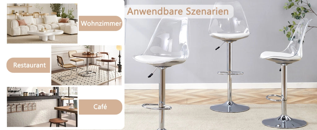 Set di 2 Sgabelli da Bar Regolabili con Schienale Trasparente, Seduta in PU Bianco e Gambe in Metallo Argento, 60-80 cm
