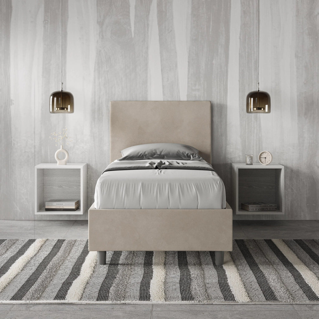 BS COM Letto singolo con rete imbottito 90x210 microfibra sabbia