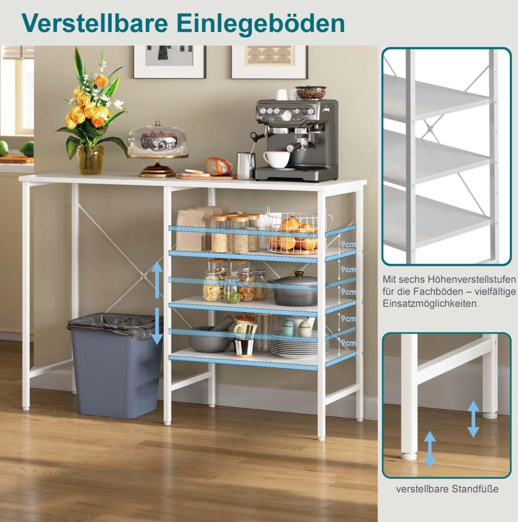 Tavolo Organizer Multifunzionale 120x40x85,5 cm con Struttura in Metallo e Piano Bianco, Montaggio Flessibile per Cucina, Soggiorno, Cantina e Garage