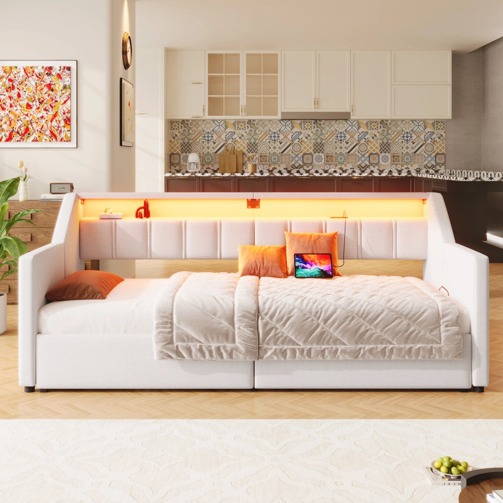 OKWISH Letto a Scomparsa 90×200 cm, Letto Singolo con USB, Tipo C, LED Regolabile, 2 Cassetti e Tasche Contenitore, senza Materasso, Beige