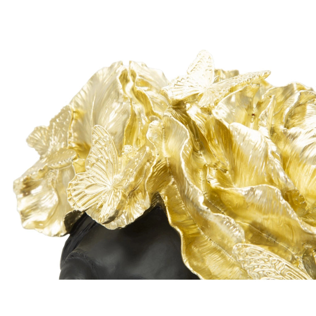 Scultura Donna con farfalle sul capo in resina nera e oro