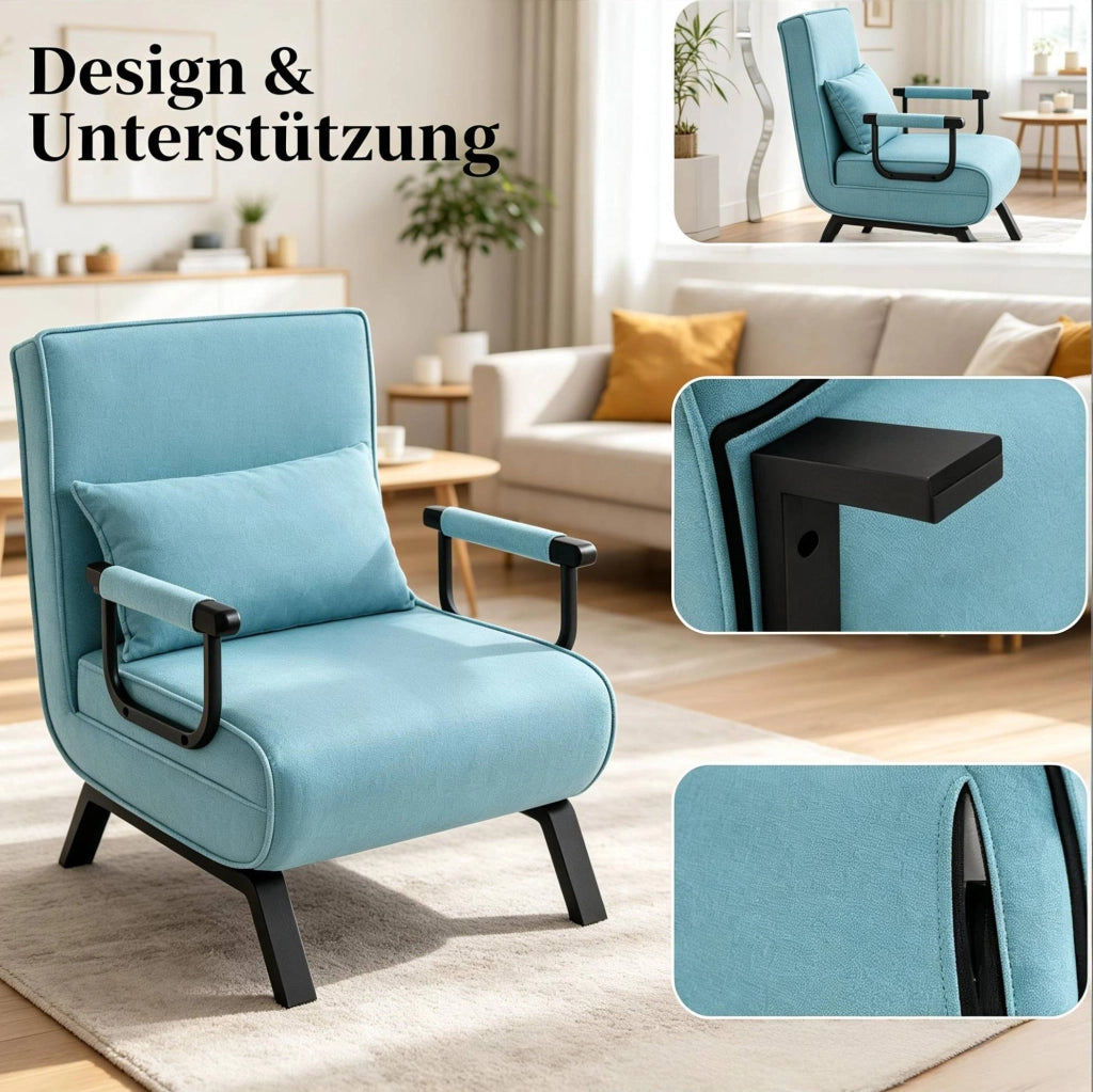 Poltrona letto ULEVR 3 in 1 blu con schienale regolabile in 5 posizioni, struttura in metallo, portata 150 kg