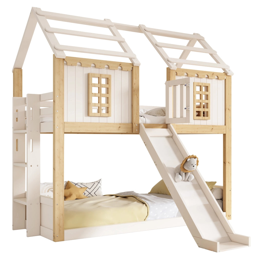 Letto a castello a casetta per bambini 90 x 200 cm; con scivolo; scala flessibile; protezione anticaduta a 360  ; finestra; struttura in legno; bianco