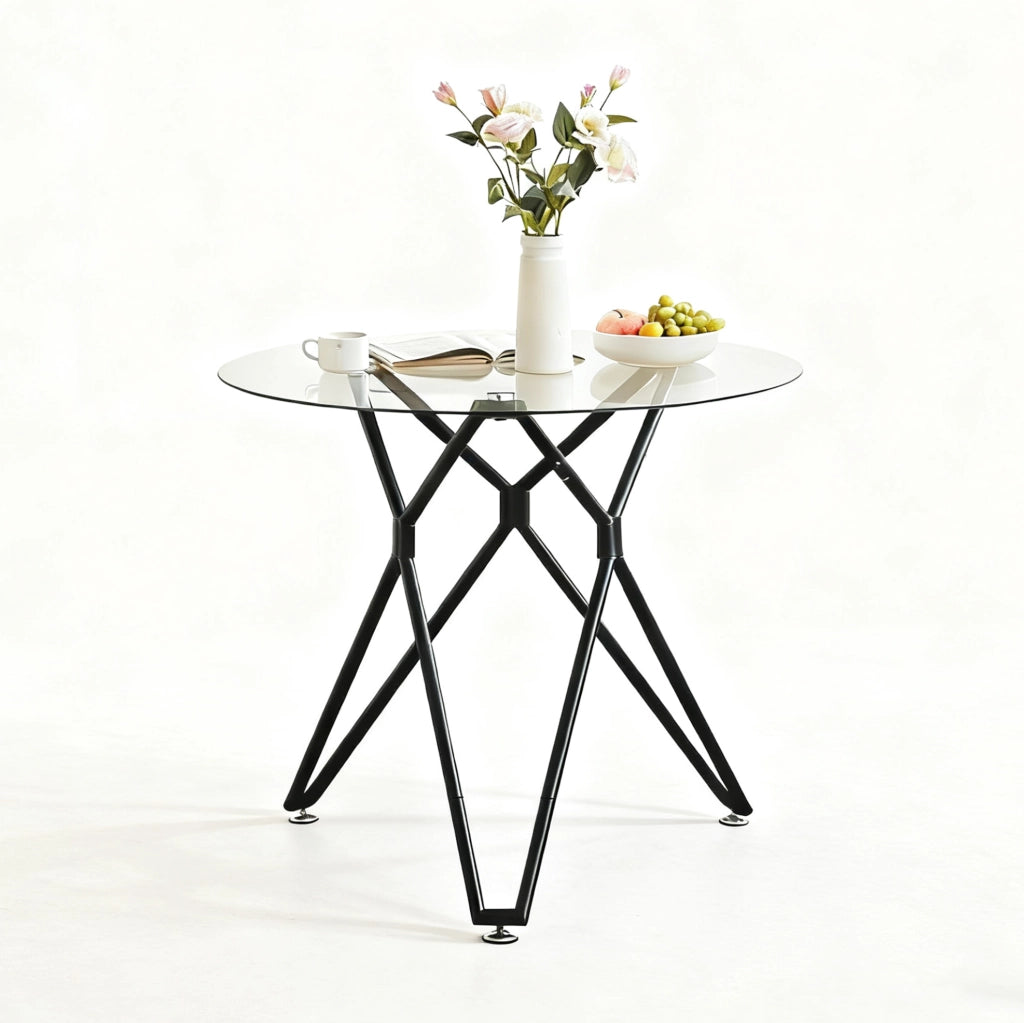 Tavolo da pranzo rotondo 90 cm in vetro temperato con gambe in metallo nero, adatto per 1-4 persone