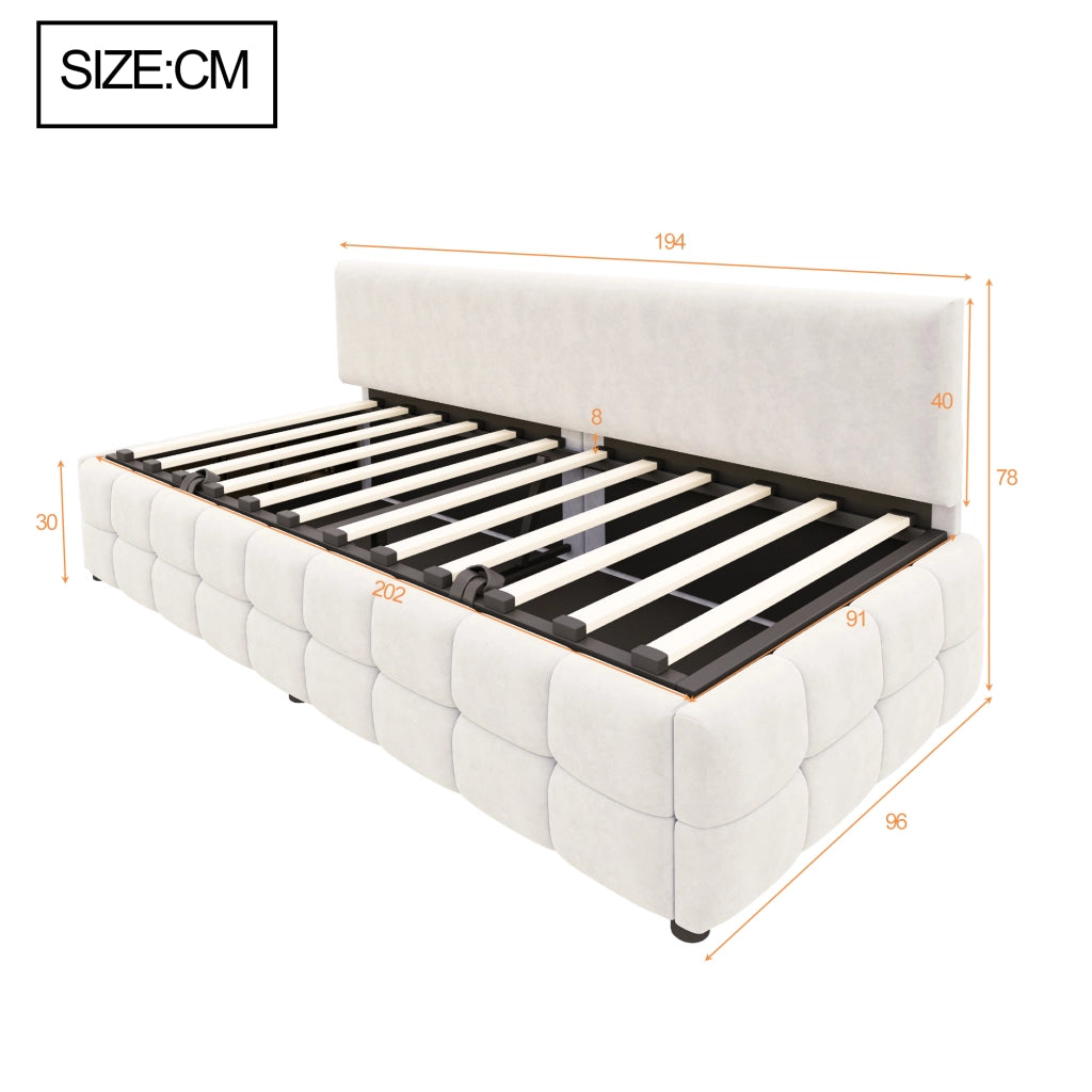 Letto imbottito singolo 90×200 cm con contenitore idraulico; rete a doghe e senza materasso; beige