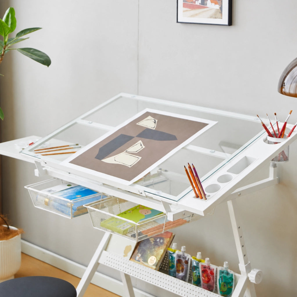 TAVOLO da Disegno Regolabile 80-126 cm Acciaio Bianco con Piano in Vetro