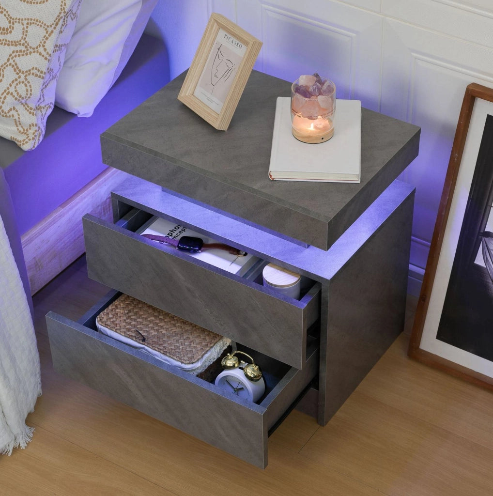 Comodino moderno con luci LED regolabili; 2 cassetti e vano a giorno in truciolare grigio scuro