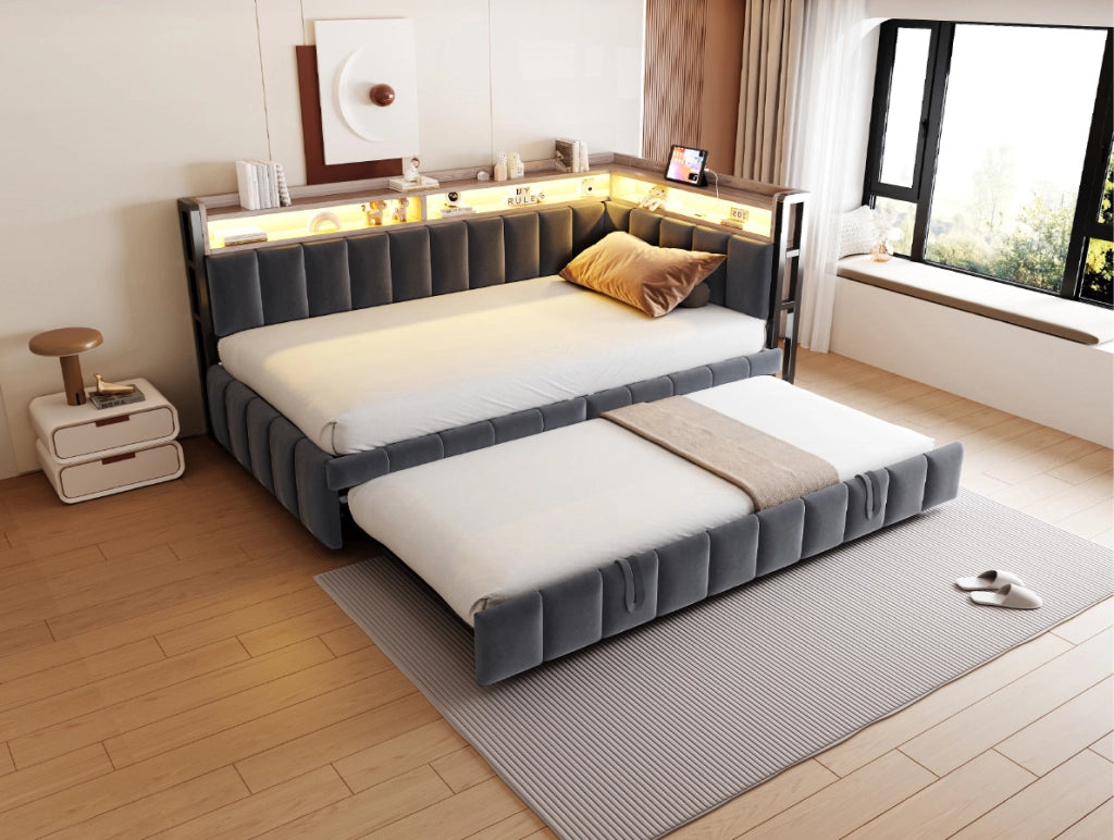 Divano letto estraibile ULEVR 90x200 cm con LED, USB e Type-C, vani portaoggetti, velluto grigio