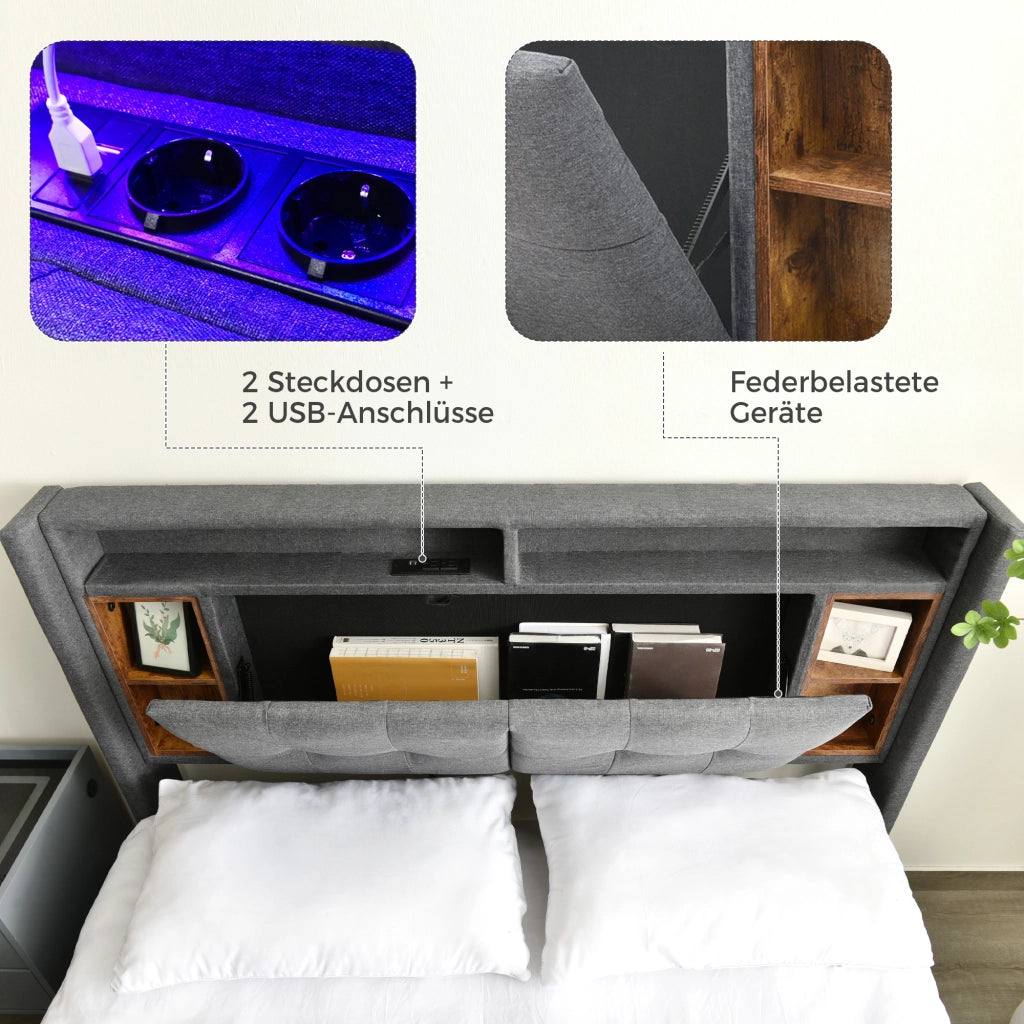 Letto matrimoniale imbottito 140 ¡Á 200 cm con testiera contenitore USB prese LED legno grigio rete a doghe