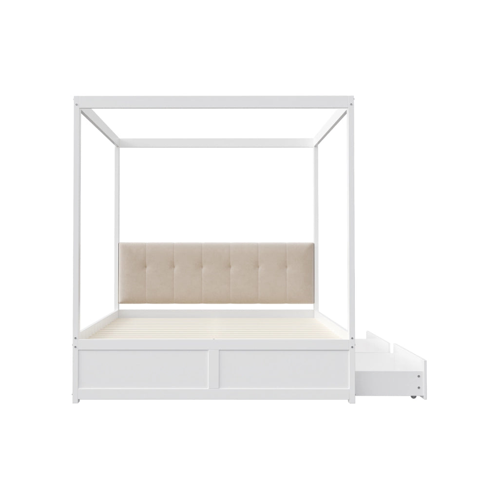 Letto con cassetti 140 × 200 cm con struttura a tenda testiera imbottita in metallo compensato e MDF bianco