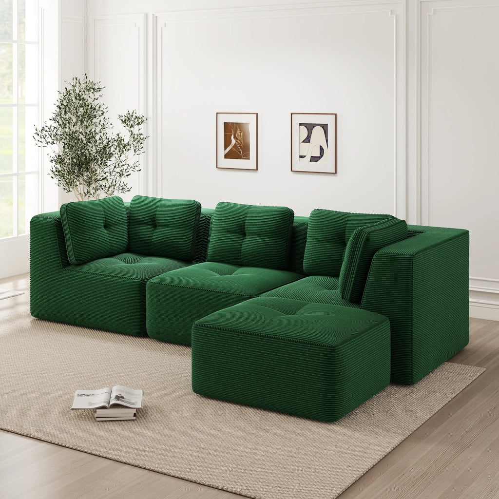 Divano angolare modulare 3 posti con chaise longue braccioli larghi e base antiscivolo in velluto a coste verde
