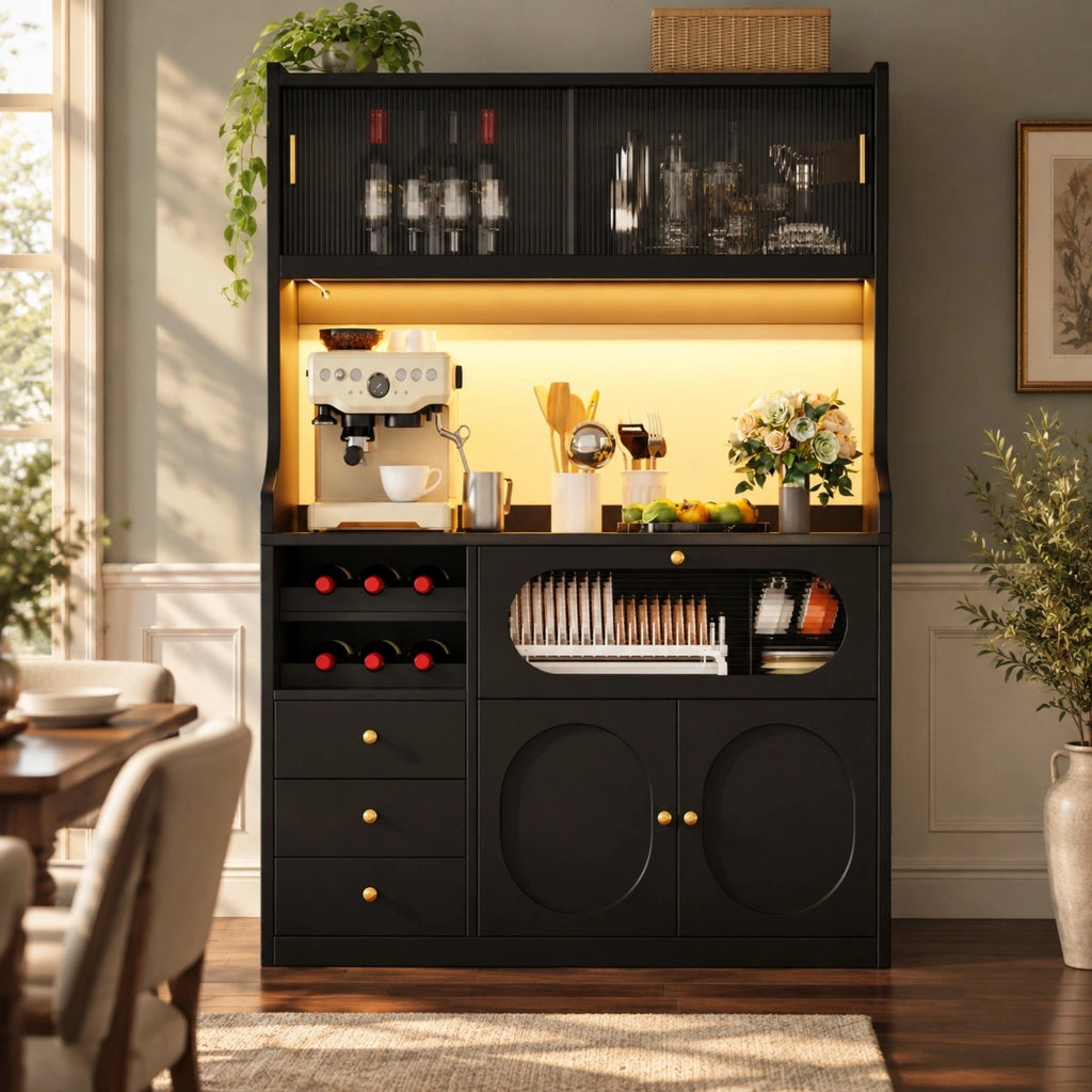 Mobile dispensa cucina 120x40x180 cm con LED RGB; ante scorrevoli in vetro e portabottiglie nero