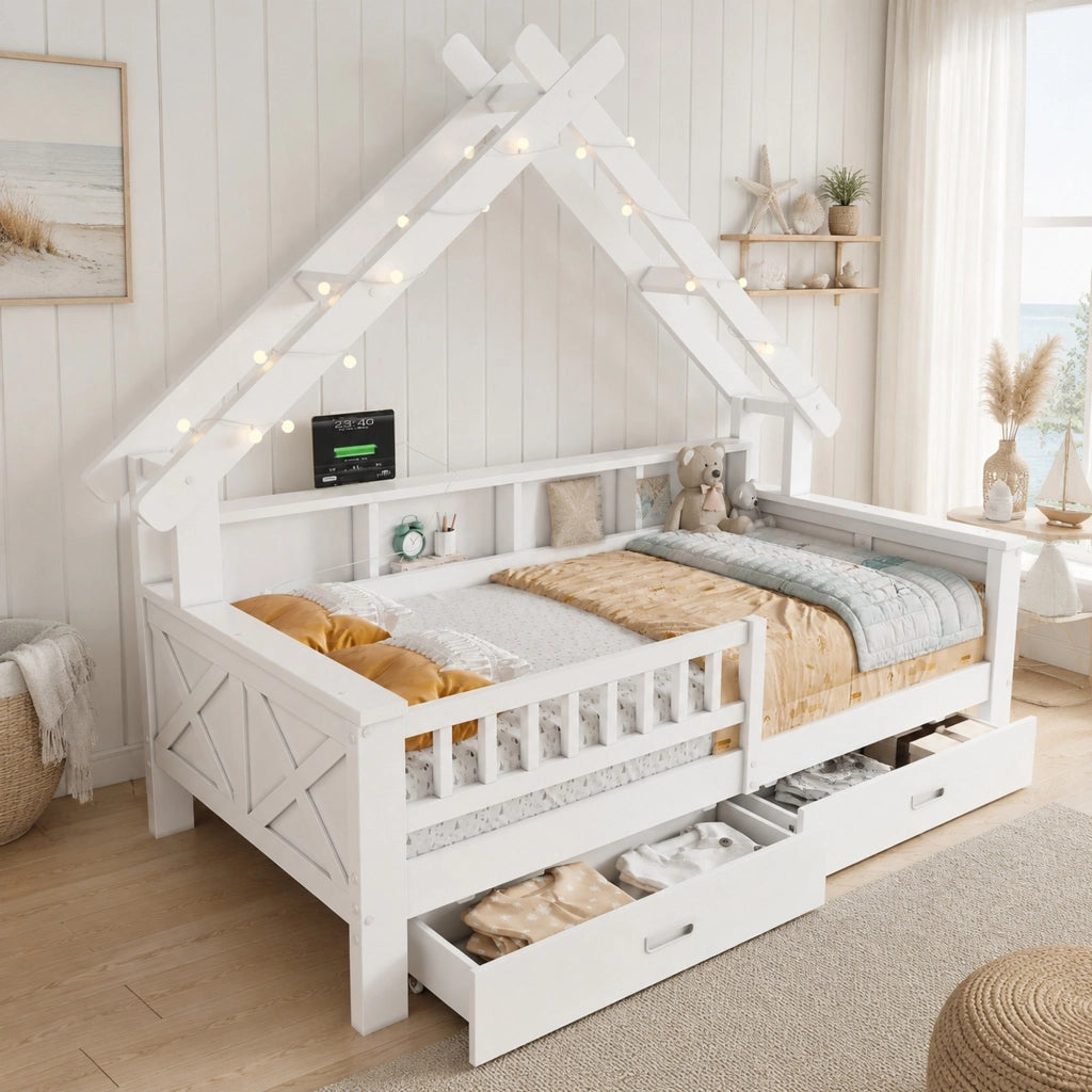 Letto a casetta 90 × 200 cm con LED ripiani 2 cassetti barriera di protezione in legno e MDF bianco