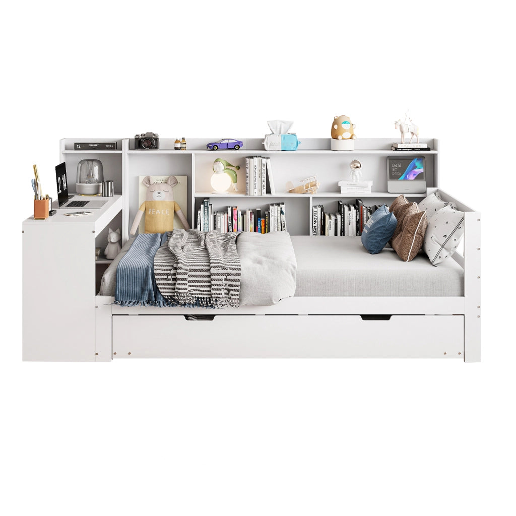 Letto con letto estraibile 90 × 200 cm con scrivania; librerie; vani portaoggetti; prese USB e rete a doghe bianco