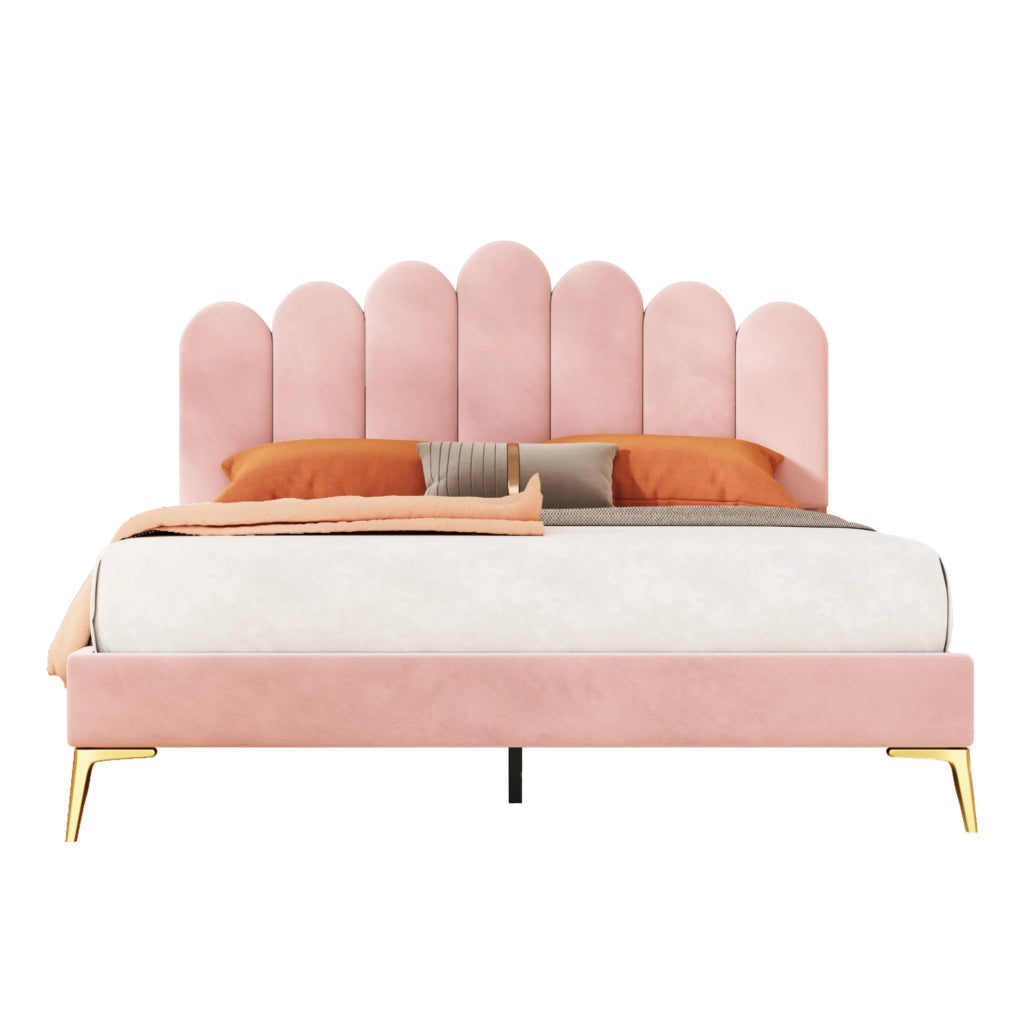Letto matrimoniale 140 x 200 cm in velluto rosa con testiera regolabile, senza materasso