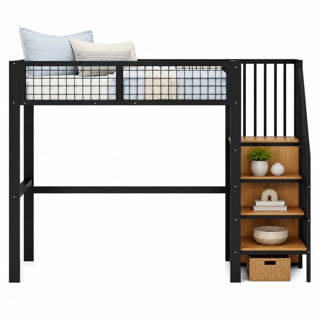 Letto alto bimbi 90x200 in metallo nero con vano contenitore, senza materasso