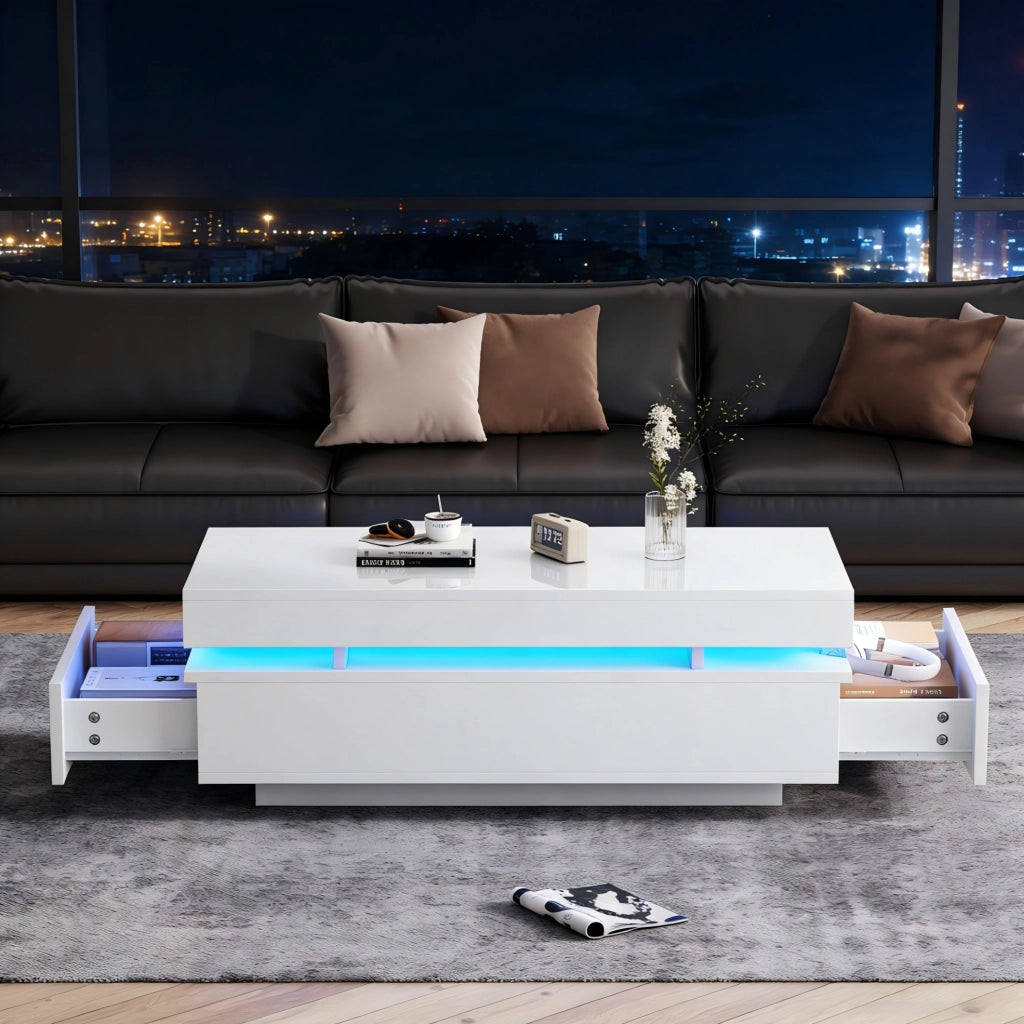 Tavolino da salotto LED 100x50x35 cm con 2 cassetti bianco lucido HOMVRA