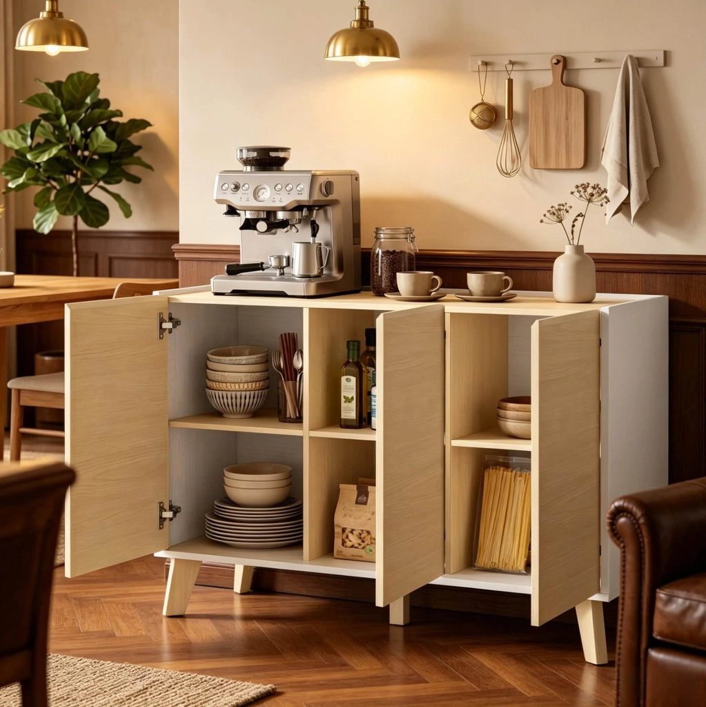 Credenza ULEVR 120x35x73,5 cm con 3 ante e 6 vani, mobile TV in MDF e pannello truciolare bianco naturale