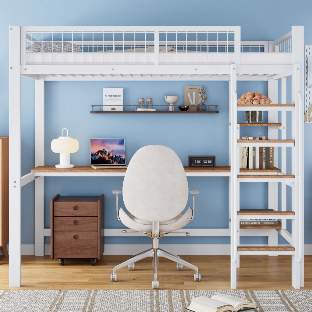 Letto a soppalco 90 × 200 cm con scrivania, scaffali e scala a 5 gradini, senza materasso, bianco naturale