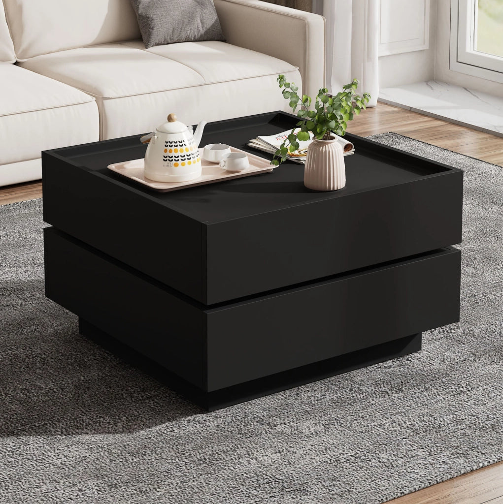 Tavolino da caffè girevole 360° 60x60x38 cm con 2 cassetti in truciolare nero