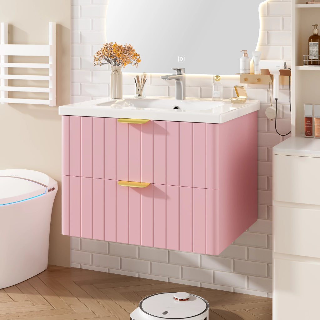 Mobiletto con lavabo in ceramica a due livelli in MDF rosa e bianco con maniglie in metallo 28.3 kg
