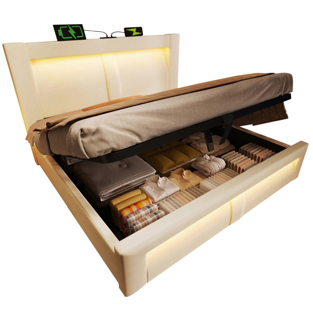 Letto matrimoniale 160x200 cm con contenitore, LED e porte USB