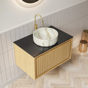 Mobiletto con lavabo sospeso con cassetto e piano in pietra sinterizzata nero 76 × 48 × 53.1 cm